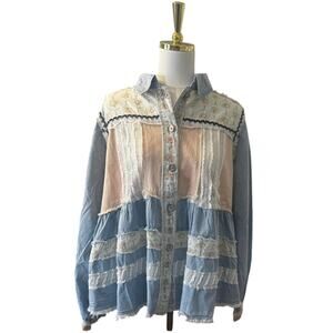 POL Patchwork Lace Tiered Denim Shacket Shirt Jacket Large Boho Cottagecore